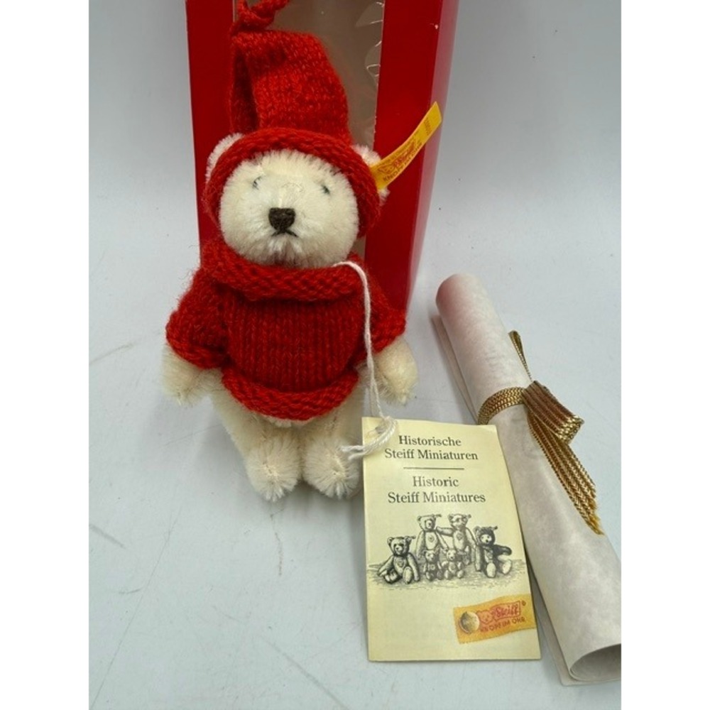 Steiff Historic Miniatures White Mohair Teddy Bear 1985 Red Wool Sweater 650802